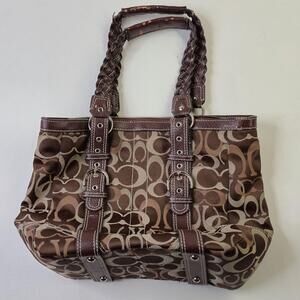 Coach Signature Avary Tote Bag Womens Medium Brown Canvas Leather Zip Shoulder